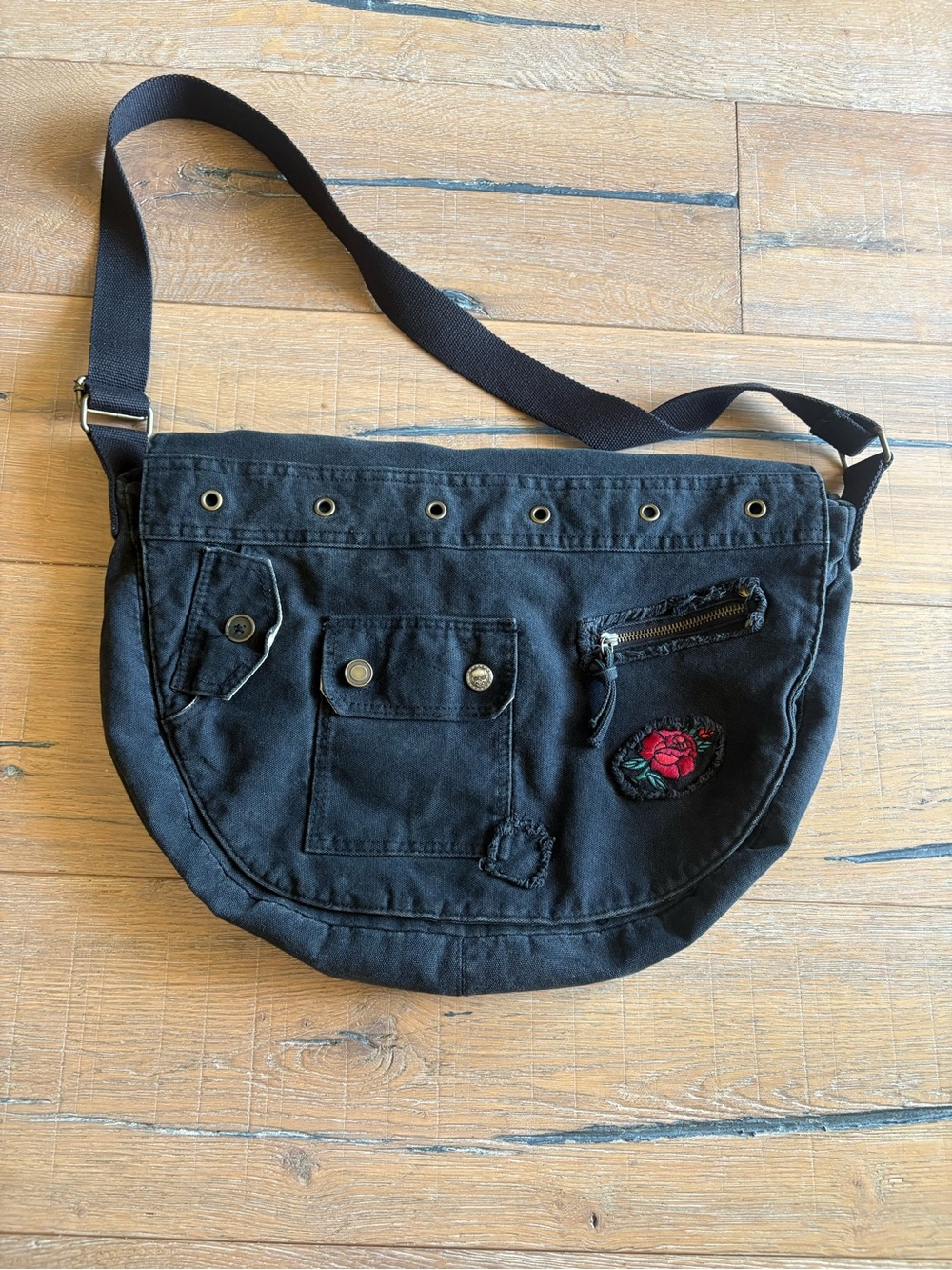 Black Canvas Grunge Crossbody Bag with Rose Patch & Skull Button Goth Punk
